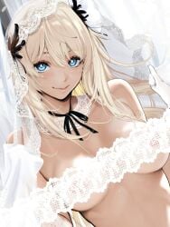 1girl 1girls blue_eyes breasts bridal_veil closed_mouth convenient_censoring covered_nipples curtains highres indoors lace_trim light_blush looking_at_viewer neck_ribbon original original_character smile solo tan topless_female upper_body veil warabino_matsuri white_gloves