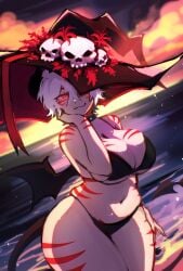 :3 beach belly belly_button big_hat bikini bikini_bottom bikini_top black_bikini black_bikini_bottom black_bikini_top black_hair blaire_rune blairevt body_markings breasts bursting_breasts chubby cleavage curvy curvy_figure demon_horns demon_tail demon_wings hat horns indie_virtual_youtuber large_breasts large_hat navel nonbinary ocean one_eye_obstructed pointy_ears red_eyes red_stripes sand short_hair sideboob skindentation skull smirk smug spiked_collar striped_body sunset tail thick_thighs underboob virtual_youtuber vtuber white_hair wings witch_hat