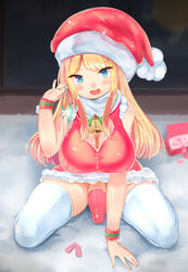 1futa bell bimbo blonde_hair blue_eyes blush breasts busty christmas cleavage condom condom_on_penis erection futa_only futanari intersex large_breasts mistletoe panties panties_aside penis santa_claus_(cosplay) santa_hat sitting solo thighhighs uncensored urakata_(artist) voluptuous