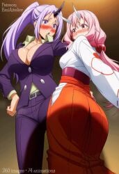 2girls ai_art ai_generated anime anime_coloring big_breasts boobs breasts butt curvy ecchi emi_aitelier female female_only giggle girls_love horns large_breasts lesbian lesbian_sex lewd nsfw nude nude_female patreon patreon_emi_aitelier pussy pussy_juice pussy_juice_drip shaded shion_(tensei_shitara_slime_datta_ken) shuna_(tensei_shitara_slime_datta_ken) soft_lighting suggestive tensei_shitara_slime_datta_ken twerk twerking yuri