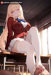 ai_generated busty classroom_of_the_elite cum excessive_cum footjob heavy_breathing ichinose_honami_(cote) large_breasts long_hair penis school_uniform teenager thick_thighs young