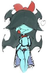 1girl 2d_(artwork) aqua_(deltarune) blue_clothing blue_skin cute deltarune deltarune_chapter_5 dress_lift female_only hair_over_eyes heart maebari no_background no_panties psychone ribbon sealed self_upload sharp_teeth skirt_lift smile sole_female tape taped_pussy teasing_viewer thigh_gap video_game_character video_games