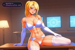 1girl 2d 4k 8k ai_assisted ai_generated alluring anime_style athletic attractive bare_midriff beautiful bedroom_setting big_booty blonde_hair blue_eyes blush breasts cinematic_lighting cleavage close_up collarbone confident dark dark_lighting defined_jawline depth_of_field detailed_background detailed_face detailed_skin digital_illustration dim_lighting elegant erotic eye_makeup eyelashes eyeliner face_focus facing_viewer fair_skin fireplace fit flat_stomach formal full_lips furniture g_string garter_belt gorgeous happy high_cheekbones high_detail highly_detailed highres hoop_earrings hourglass_figure indoors jewelry metroid samus_aran zero_suit