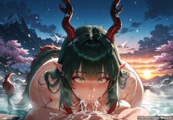 1boy 1girl ai_assisted ai_generated arknights arknights:_endfield artist_name ass bangs blush breasts cherry_blossoms cloud collarbone cum cum_in_mouth cum_on_body curvaceous curvy curvy_female curvy_figure dragon_horns dragon_tail eyebrows_visible_through_hair fellatio female full_moon green_eyes green_hair heart-shaped_pupils hetero large_breasts looking_at_viewer miyuai moon night night_sky nude onsen oral outdoors overflow partially_submerged penis petals pointy_ears pov rock sky solo_focus star_(sky) starry_sky steam symbol-shaped_pupils tail thick thick_ass thick_butt thick_hips thick_legs thick_thighs thighs voluptuous voluptuous_female water watermark wide_hips wide_thighs zhuang_fangyi_(arknights:_endfield)