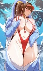 1boy 1girls breast_grab breasts female female_focus goddess_of_victory:_nikke large_breasts light-skinned_female light_skin male marciana_(nikke) navel_piercing sling_bikini swimsuit thick_thighs thighs wide_hips xpurasu