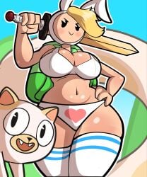 adventure_time anthro backpack big_breasts bikini black_eyes blonde_hair blushed_face bra cake_the_cat captain_dagon cartoon_network clothed_female color dagon789 duo exposed_breasts fanart fionna_and_cake fionna_the_human_girl forest_background hand_on_hip hi_res light_skinned_female looking_at_viewer panties stockings sword thick_thighs voluptuous_female white_fur wide_hips
