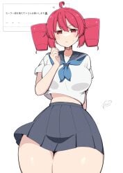 1girls ahoge alternate_costume belly belly_peek big_breasts big_thighs black_shorts blush blush_stickers blushing bottom_heavy bow bowtie breasts cameltoe clothes_lift drill_hair female highres hips_wider_than_shoulders hourglass_figure huge_breasts huge_thighs kasane_teto koeikobo kooei large_breasts large_thighs looking_at_viewer massive_thighs microskirt miniskirt plaid_clothes plaid_skirt pleated_skirt red_eyes red_hair sailor_collar sailor_uniform school_uniform serafuku shiny_skin shiny_thighs shirt shirt_tucked_in short_shorts short_sleeves shorts shorts_under_skirt signature simple_background skirt skirt_lift slim_waist solo sweat sweatdrop sweating thick_thighs thighs thighs_bigger_than_head thighs_bigger_than_torso twin_drills utau white_background white_shirt wide_hips