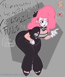 alternate_version_available ass big_breasts breasts bubble_ass bubble_butt carafalsa clown clown_girl clown_makeup female female_only gassy grey_background mime mime_girl onomatopoeia pink_hair suspenders text thick_thighs white_panties