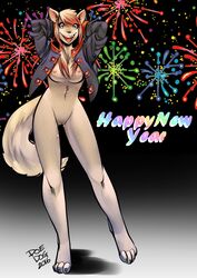 anthro breasts canine doedog female fireworks mammal nipples open_jacket pussy pussy_juice solo standing thigh_gap wide_hips