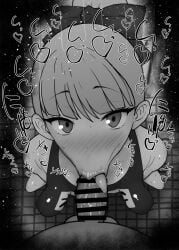 1boy 1girls :>= bar_censor black_and_white blush breasts censored detailed_background eyebrows_visible_through_hair fate/grand_order fate_(series) fellatio female from_above greyscale hair_ribbon helena_blavatsky_(fate) helena_blavatsky_(swimsuit_archer) indoors japanese_text kurotama looking_at_viewer male monochrome one-piece_swimsuit oral oral_sex pointless_censoring pov ribbon short_hair sketch small_breasts solo_focus sound_effects squatting straight swimsuit text