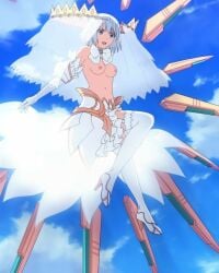 armpits blue_eyes boobs bride_veil clear_sky crown date_a_live delicate_features delicate_hands delicate_nose flying hairless_armpits half_naked half_naked_female medium_breasts naked naked_bride naked_female neck_length_hair nipples nude_bride nude_edit nude_female nude_filter overcast short_hair spirit thin_female thin_waist tits tobiichi_origami topless topless_female white_clouds white_hair white_hair_female