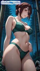 1girls 2026 ai_assisted ai_generated anime attack_on_titan bare_tree bra branch brown_hair bush eyepatch foliage forest green_bra green_panties hange_zoe hanji_zoe hi_res high_quality high_resolution highres nature night night_sky outdoors park patreon patreon_username shingeki_no_kyojin sky skypassion solo stable_diffusion tanzaku underwear watermark