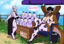 big_breasts breasts cleavage cow_print female furry goddamnitrobin huge_breasts tagme thick_thighs wide_hips