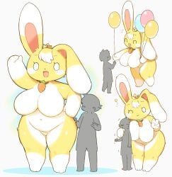 anthro balloon breasts chubby crown featureless_breasts featureless_crotch female huge_breasts human larger_female male okiai_umi peace_sign rabbit size_difference smaller_male thick_thighs wide_hips wink