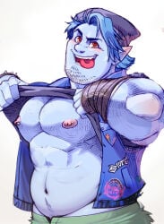 1boy 2020 2d bara barley_lightfoot beanie beaugilliam blue_body blue_hair blue_skin digital_media_(artwork) disney elf gay looking_at_viewer male male_only moobs muscular nipple_piercing nipples onward_(2020) piercing pixar shirt_lift simple_background solo tongue_out white_body yaoi