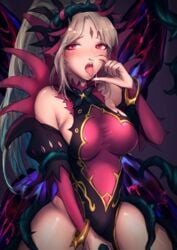 bare_legs big_breasts blush breasts cum fairy fairy_wings fellatio_gesture female fire_emblem fire_emblem_heroes grey_hair jtaka large_breasts long_hair nintendo open_mouth plumeria_(fire_emblem) ponytail red_eyes saliva sideboob silver_hair solo suggestive_fluid thighs tongue tongue_out wings