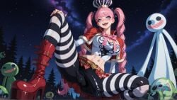 absurdres ai_art ai_generated ass belt blunt_bangs blush boots bow bowtie breasts bulge capelet cleavage crop_top drill_hair erection frills from_below fur-trimmed_capelet futanari ghost hand_on_own_knee high_heels konekofuta long_sleeves looking_at_viewer looking_down makeup midriff miniskirt mouth_mask mushroom navel night open_mouth pantyhose penis perona perona_(one_piece) platform_footwear pleated_skirt red_capelet red_footwear red_skirt shirt sitting skirt smile solo spread_legs squatting star_(sky) starry_sky stomach striped testicles tight twin_drills upskirt