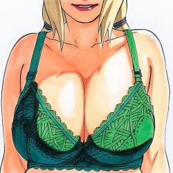 1:1 1girls accurate_art_style accurate_body_type ai_generated arms_at_sides bare_arms bare_shoulders big_breasts blonde_female blonde_hair bra bra_strap breast_focus breasts busty cleavage close-up clothing collarbone covered_breasts curvaceous curvy facing_viewer female_focus female_only frilled_bra full_color green_bra head_out_of_frame high_resolution highres huge_breasts lace-trimmed_bra large_breasts light-skinned_female light_skin line_art lingerie lingerie_bra lipstick long_hair looking_at_viewer low_twintails makeup manga_style masashi_kishimoto_style mature_female naruto naruto_(series) naruto_shippuden official_style oppai parted_lips plump red_lipstick shiny_skin simple_background smile soft_shading solo solo_focus thick tsunade twintails upper_body voluptuous voluptuous_female waifu white_background