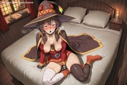 1girl ai_generated bandaged_leg bandages bangs bed belt black_gloves black_hair black_legwear black_panties blush breasts brown_hair cape collar collarbone dress fingerless_gloves gloves hat hi_res high_quality high_resolution indoors looking_at_viewer megumin nipples on_bed open_mouth panties patreon pillow red_eyes savvyraexo seductive sexy short_dress short_hair short_hair_with_long_locks sidelocks single_thighhigh sitting small_breasts solo thighhighs uncensored underwear watermark witch_hat