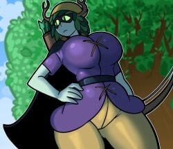 adventure_time arrows big_breasts bow captain_dagon cartoon_network clothed color fanart female_only forest_background green_body green_eyes green_sclera hand_on_hip hi_res horns huntress_wizard leaf_hair looking_away mask quiver solo_female thick_thighs tight_clothing voluptuous wide_hips