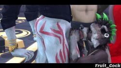 3d_animation animated brown_body brown_fur brown_hair closed_eyes duo ear_piercing fellatio fruit_cock furry gay gif green_hair hand_on_head male/male orange_eyes raccoon rufus_(fortnite) white_body white_fur