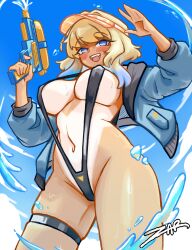1female 1girls 2026 2d 2d_(artwork) artist_request big_breasts blonde-haired_female blonde_female blonde_hair blonde_hair_female blue_eyes blue_highlights blush breasts chip_(mechchip) cyborg cyborg_girl female female_only hi_res highres jacket low-angle_view png revealing_clothes solo solo_female string_bikini swimsuit tanline tanned_skin water water_pistol watergun