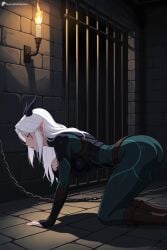 1girl ai_generated all_fours artist_name ass belt black_bodysuit bodysuit boots breasts brown_footwear candle chain digitalwaifugallery elf facial_mark from_side hi_res high_quality high_resolution horns indoors large_breasts long_hair patreon pointy_ears rayla_(the_dragon_prince) seductive sexy solo uncensored watermark white_hair