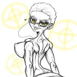 2d 2d_(artwork) arched_back big_breasts black_body busty dark-skinned_male digital_media_(artwork) ebony_female gachiakuta glasses looking_at_viewer looking_back_at_viewer semiu_grier short_hair toned toned_female tongue_out white_hair