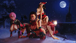 3girls all_fours bethesda_softworks bit_gag bondage breasts breasts_out christmas cleavage collar cuffs explosive_collar fallout fallout_(series) fallout_4 female femdom femsub gag holidays large_breasts leash multiple_subs nipples piper_wright santa_hat sole_survivor sole_survivor_(female) thekite vault_girl wrist_cuffs