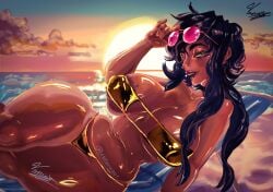 beach beach_chair bikini black_hair dark_hair green_eyes looking_at_viewer murder_drones seductive seductive_look shiny_skin sunset tan_body tan_skin tessa_elliot visible_areolae voluptuous wife_material