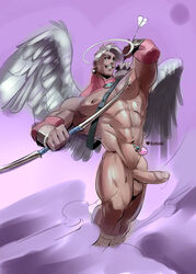 1boy abs angel arrows bara biceps big_penis body_hair bow cupid dizdoodz earring erection foreskin gay greek_mythology grin halo heart human jewelry looking_at_viewer male male_nipples male_only muscle muscular muscular_male naked navel_piercing nude pecs penis precum pubic_hair purple_background solo testicles uncensored uncircumcised uncut veiny_penis watermark weapon white_hair wings