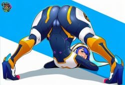 ai ai_art ai_assisted ai_generated ass ass_focus blue_eyes blue_hair bodysuit bunny_ears bunnysuit cameltoe focus_on_ass fortnite fortnite:_battle_royale full_body fully_clothed huge_ass jack-o_pose mixxiru surprised surprised_expression tight_clothing