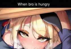 1boy ai_generated blonde_hair blush bustybunz close-up commentary_request cum cum_on_face cum_on_lips deepthroat eyeshadow fellatio femboy gokkun heart-shaped_pupils makeup oral pov snapchat stray_pubic_hair sweat tagme tears trap yellow_eyes