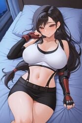 ai_generated bed bedroom big_breasts black_hair blush breasts female female_only final_fantasy_vii half-closed_eyes hi_res large_breasts legs_together long_hair looking_at_viewer lying lying_on_back nadadenada night red_eyes seaart.ai seductive seductive_look smile smiling square_enix tifa_lockhart top_view
