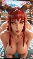 ai_generated alexstrasza cherry_blossoms closeup crown female horns hot_spring large_breasts looking_at_viewer mountain nipples nude outdoor red_hair smile velairi_kim warcraft wet_skin world_of_warcraft wow