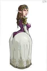 ass ass_in_dress bottom_heavy breasts brown_hair curvy dress dumptruck_ass fat_ass female female_only long_hair looking_at_viewer looking_back muffynbunarts nose pointy_ears princess_zelda simple_background the_legend_of_zelda thick_ass white_background wide_hips
