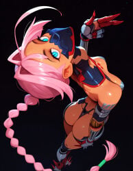 1girl ahoge ai_generated ass black_background blue_eyes braid braided_ponytail breasts cyberpunk:_edgerunners cyberpunk_2077 cyborg dark-skinned_female dark_skin from_above huge_ahoge joints long_braid long_hair looking_at_viewer looking_back looking_up mask mechanical_arms mechanical_legs mechanical_parts medium_breasts minokai mouth_mask pink_hair prosthesis self_upload simple_background single_braid single_mechanical_arm solo talia_yang tattoo thong v very_long_hair
