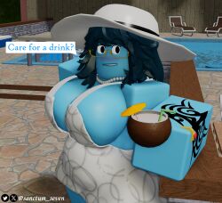 1girls big_belly big_breasts black_hair blocky_body blue_body blue_skin dress drink glasses pearl_necklace pool poolside roblox roblox_studio robloxian self_upload shiram sunhat talking_to_viewer tattoo tattooed_arm text twitter_username