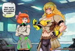 2girls abs ai_generated amadeus_v biceps blonde_hair blue_walls blush brown_jacket bulge cowboy_shot curious day floor freckles futanari green_bow green_eyes grey_dress grin hand_on_hip huge_muscles large_breasts large_pectorals lilac looking_down machinery medium_breasts monitor muscular_female open_mouth orange_hair penny_polendina robot rwby scanning short_hair standing staring tall very_long_hair yang_xiao_long yellow_top