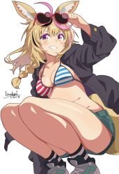 1girl 1girls :d absurd_res adjusting_eyewear ahoge arm_up artist_request bikini black_jacket blue_shorts braid breasts cleavage fox_ears fox_girl highres hololive jacket long_hair omaru_polka shoes shorts side_braid simple_background smile sneakers socks solo squatting striped_socks sunglasses swimsuit tail virtual_youtuber white_background