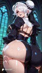1girl 1girls absurd_res absurdres ai_generated ass ass_focus ass_grab ass_support back big_ass big_breasts black_bra black_dress black_lips bra breasts cross curvy deadlock deep_skin double_bun dress earrings eyeshadow female female_focus from_behind grabbing_own_ass graves_(deadlock) habit hair_bun hair_over_one_eye hi_res high_quality high_resolution highres huge_ass indoors jewelry juliet_sleeves large_ass large_breasts lipstick long_sleeves looking_at_viewer looking_back makeup nekromant nun parted_lips puffy_sleeves shiny_skin short_hair side_slit smile solo solo_focus straight thick_thighs thighs underwear wet white_hair wide_hips
