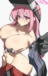 1girl absurdres arm_under_breasts armpit_crease black_gloves black_sports_bra blue_archive bodysuit bodysuit_pull breasts cleavage clothes_down collarbone commentary covering_one_breast covering_privates eimi_(armed)_(blue_archive) eimi_(blue_archive) from_side gloves grey_background grey_bodysuit grey_gloves grey_sports_bra groin hair_between_eyes halo hands_up head-mounted_display highres holding holding_sports_bra holding_unworn_clothes large_breasts long_hair looking_at_viewer looking_to_the_side multicolored_gloves navel nose official_alternate_costume parted_lips pink_eyes pink_hair pink_halo simple_background solo sports_bra standing stomach sweat topless_female two-sided_gloves two-tone_sports_bra younki