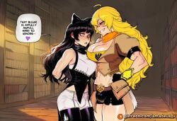 2girls abs ai_generated amadeus_v amber_eyes animal_ears biceps black_bow black_hair black_shorts black_stockings blake_belladonna blonde_hair blush book bookshelves brown_jacket bulge cat_ears cowboy_shot day futanari grin hand_on_hip huge_muscles intrigued large_breasts large_pectorals library lidded_eyes lilac long_hair looking_down medium_breasts muscular_female open_mouth rwby slim standing staring tall very_long_hair warm_lighting white_top wooden_floor yang_xiao_long yellow_top