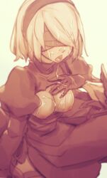 1girls android berg blindfold breasts breasts_out cleavage_cutout cum cum_on_breasts cum_on_face emotionless expressionless facial female female_only large_breasts long_sleeves nier nier:_automata nipples puffy_sleeves robot robot_girl sepia short_hair sketch solo yorha_2b