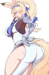 1girl animal_ears ass ass_focus blonde_hair blue_eyes blue_necktie breasts clothing_cutout commentary_request from_behind hair_over_one_eye hairband highres horse_ears horse_girl horse_tail large_breasts long_hair looking_at_viewer metal_hairband mole mole_on_breast necktie ponytail see-through_clothes sigrid_(zenless_zone_zero) simple_background solo sweatdrop tail thigh_cutout user_vgjg4284 white_background zenless_zone_zero