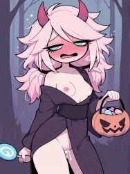 ai_generated demon demon_girl demon_horns drunk drunk_bubble drunk_female green_eyes halloween original_character pink_hair semen_in_vagina small_ass small_breasts smaller_female waifu waifu_night