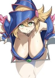 1girl absurdres alternate_breast_size_(larger) blonde_hair blue_dress blue_helmet breasts cleavage commentary dark_magician_girl dress duel_monster green_eyes hanging_breasts helmet highres huge_breasts leaning_forward long_hair looking_at_viewer original phrygian_helmet solo stuck younki yu-gi-oh!