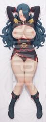 1girls ai_generated arms_up azuma_fubuki blush breasts chainsaw_man clothing dakimakura female full_body green_hair hi_res high_resolution highres lying lying_on_back mato_seihei_no_slave military_uniform naughty_face nipples patreon sleeplessnighty solo solo_focus tagme watermark yellow_eyes