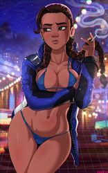 1girls abs aged_up alejandra_(overwatch) big_breasts bikini blizzard_entertainment breasts cigarette cleavage dark-skinned_female dark_skin dorado_(map) female female_only hourglass_figure jacket latina mexican_female navel overwatch overwatch_2 shadman smoke smoking solo solo_female text thong url watermark