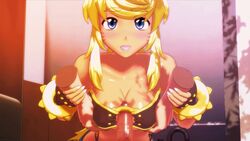 1boy 3d animal_ears animated blonde_hair blue_eyes bouncing_breasts breast_grab breasts censored cleavage dark_skin erection female large_breasts liru o-ring_penetration o-ring_top paizuri penis perpendicular_paizuri renkin_san-kyuu_magical_pokaan seismic sex